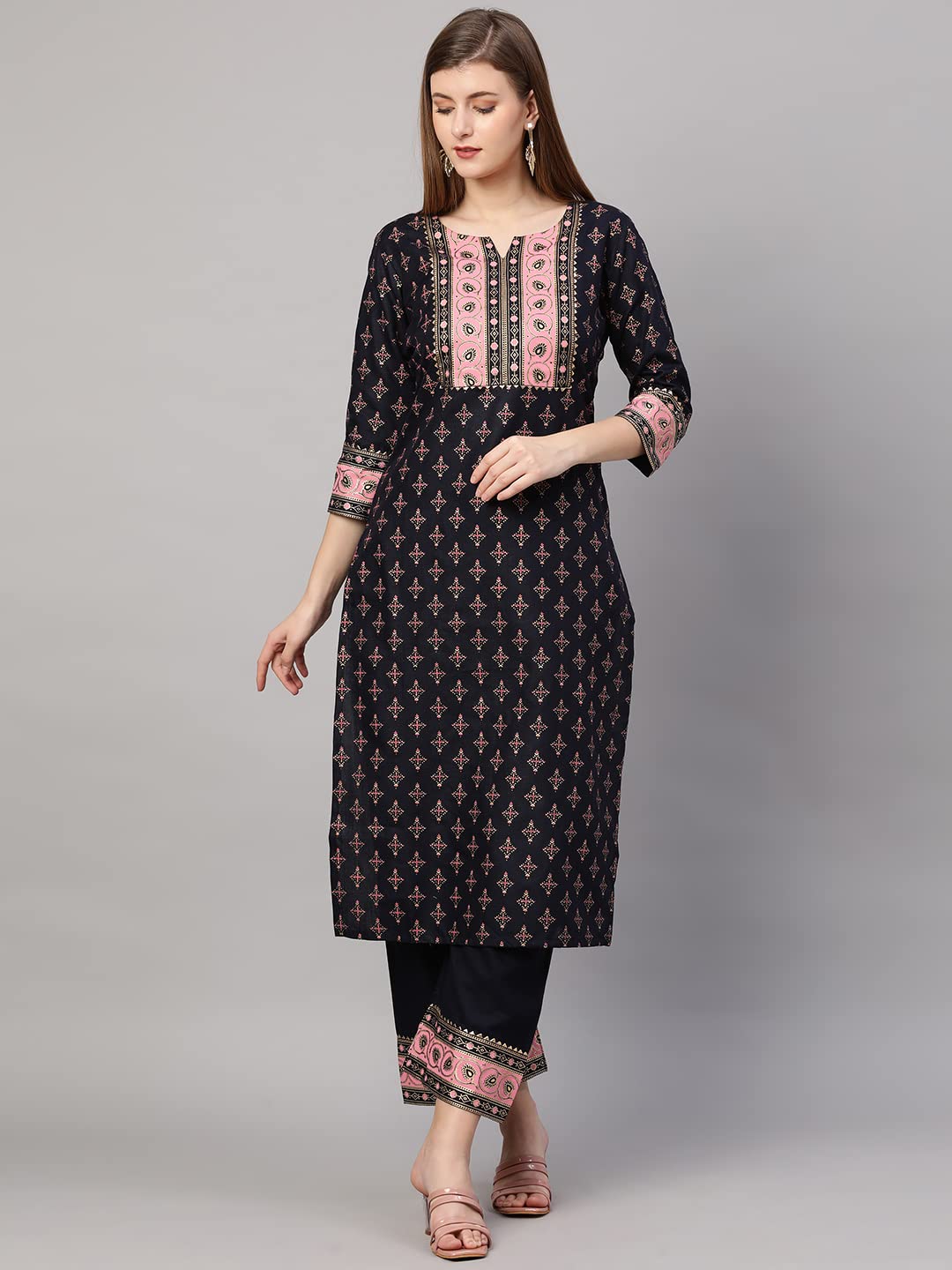 ANNI DESIGNER Women's Cotton Blend Straight Kurta with Palazzo & Dupatta (Deep)