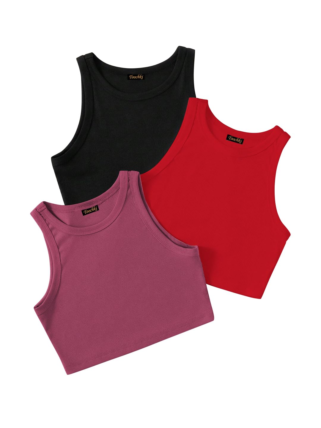 Toochki Tops for Woman | Spandex Top | Crop | Short | Western | for Jeans | Sleeveless | Stretchable | Pack of Three | Black-RED