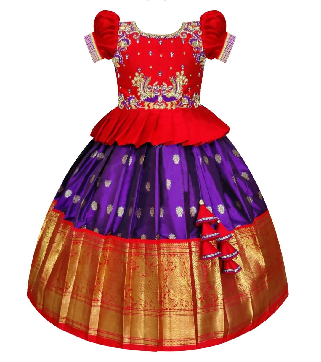White Button New south Indian traditional pattu pavadai Jecquard Lehenga choli for girls dress (4-5 Years, Red Violet)