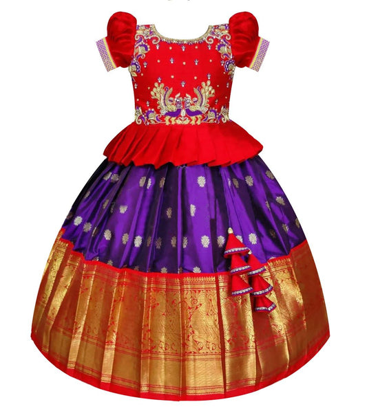 White Button New south Indian traditional pattu pavadai Jecquard Lehenga choli for girls dress (4-5 Years, Red Violet)