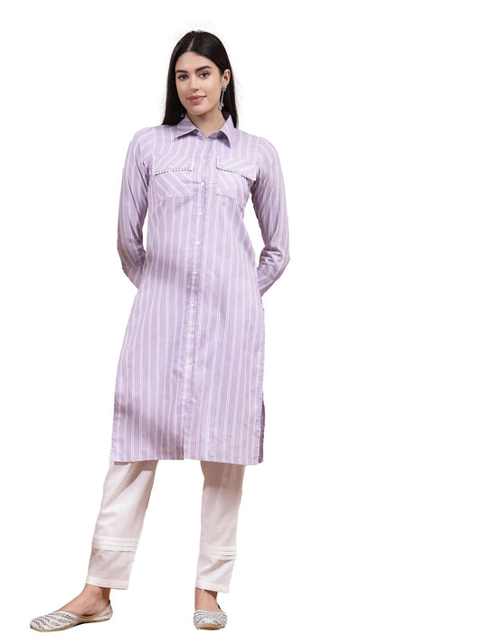 Stylum Women's Woven Striped Cotton Blend Straight Kurta (CLASSYLAVENDER_Lavender)