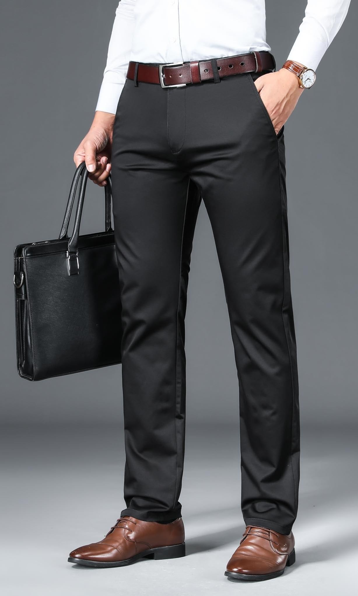 AVANOVA Mens Solid Black Trousers Light Business Style Slightly Stretch Straight Leg Pants for Outdoor Casual Daily Trouser II M
