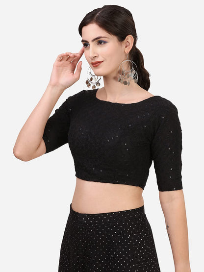 OOMPH! Cotton Readymade Blouse for Women, Hakoba, Black, Boat Neck