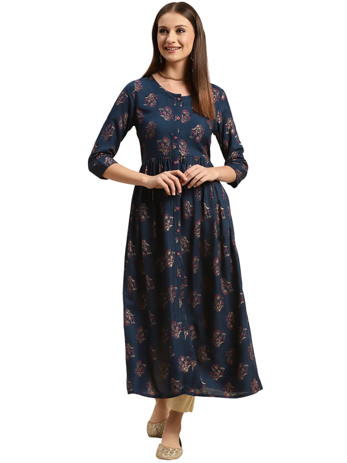 rangita Navy Rayon Calf Length Printed Flared Kurti for Women | Kurta for Women