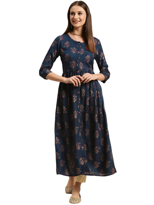 rangita Navy Rayon Calf Length Printed Flared Kurti for Women | Kurta for Women