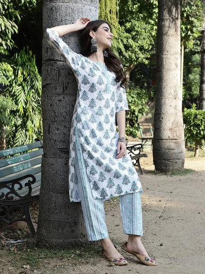 Pinkmint Salwar Suit For Women Cotton Flower Printed Kurta & Straight Pant With Dupatta