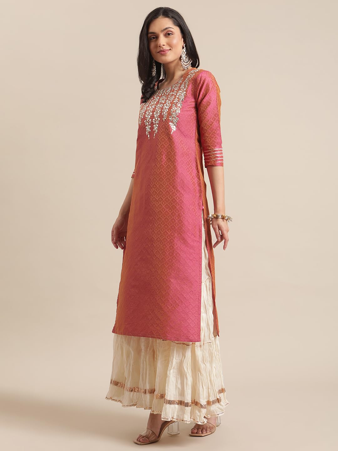 Varanga Women Pink Coral Gota Patti Kurta with Gota Embellished Sleeves  Kurta Set for Women, Dress for Women Stylish, Kurti Set