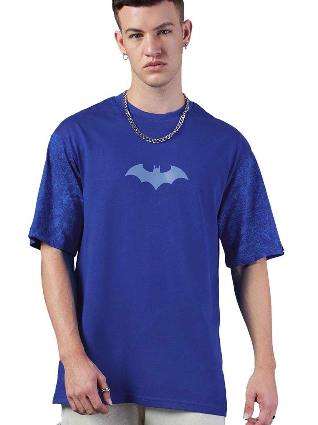 Bewakoof Official DC Merchandise Mens Graphic Printed Oversized Fit Half Sleeve Round Neck Cotton Jersey T-Shirt_617007_Blue_2X