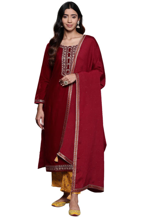Libas Womens Yoke Design Velvet Straight Kurta With Trousers And Dupatta