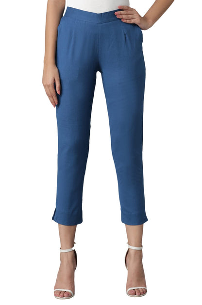 Digital Shopee Women Regular Fit Elastic Waist Full Length Cotton Formal Trouser For Casual Wear, Office Wear Teal Blue