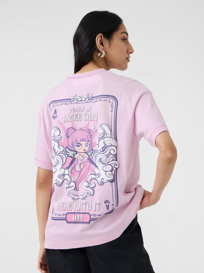 The Souled Store Angel Card Women and Girls Short Sleeves Round Neck Pink Graphic Printed Cotton Oversized T-Shirts