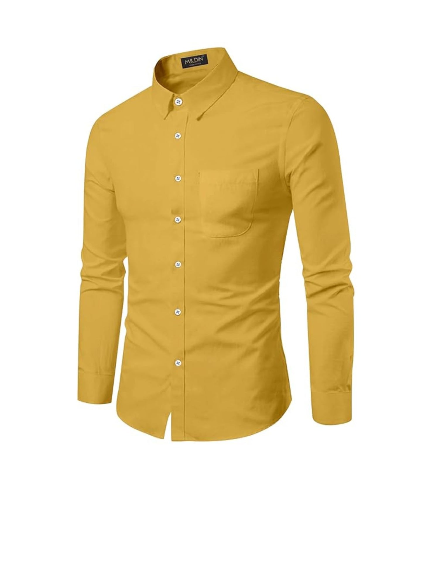 Mildin MenS Regular Cotton Blend Yellow Slim Fit Solid Button Down Spread Collar Full Sleeve Curved Hemline Formal Shirt With O