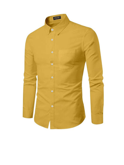 Mildin MenS Regular Cotton Blend Yellow Slim Fit Solid Button Down Spread Collar Full Sleeve Curved Hemline Formal Shirt With O