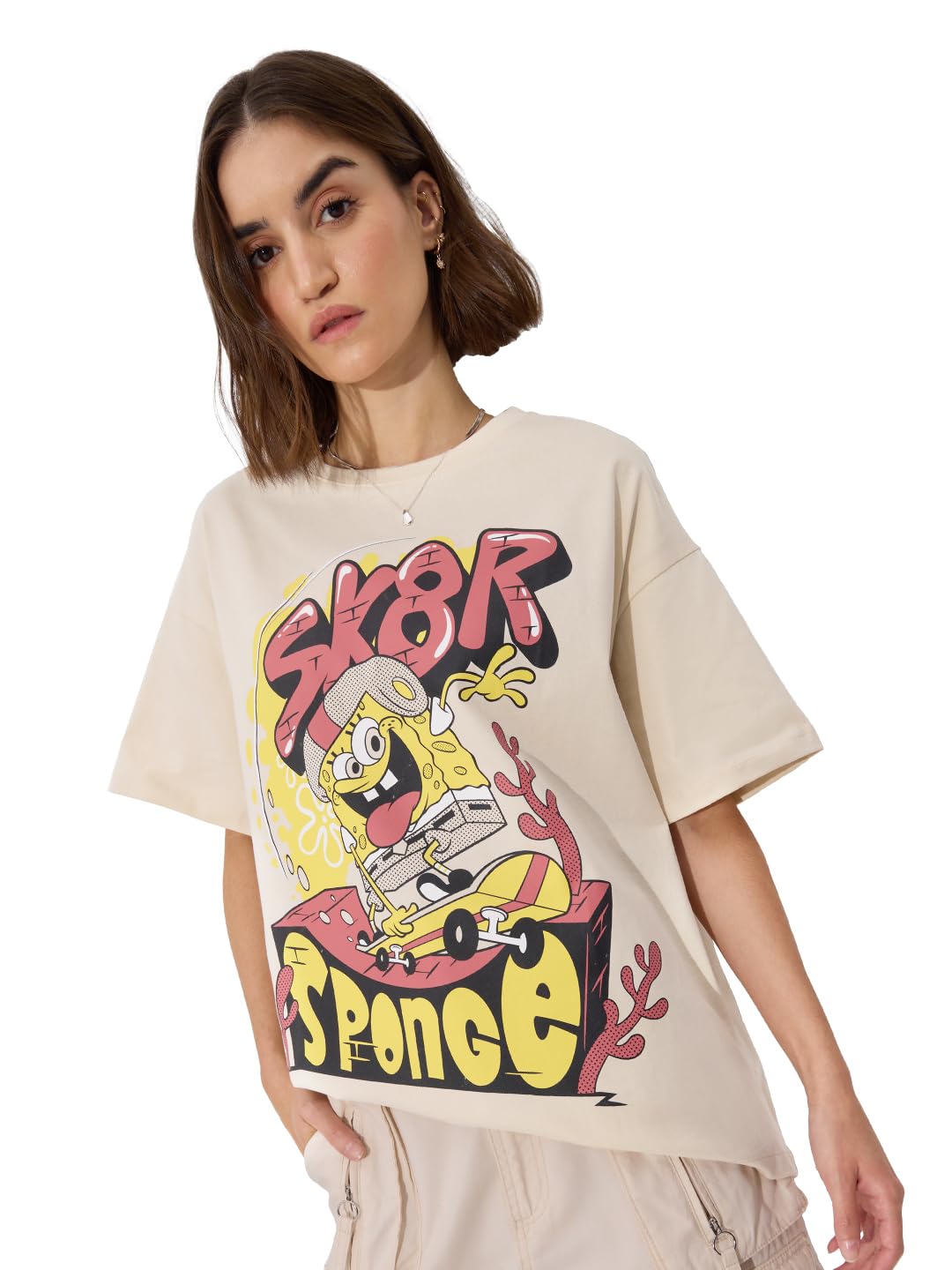 The Souled Store Official Spongebob: SK8R Women and Girls Short Sleeve Round Neck Graphic Printed Cotton Oversized T-Shirts Beig