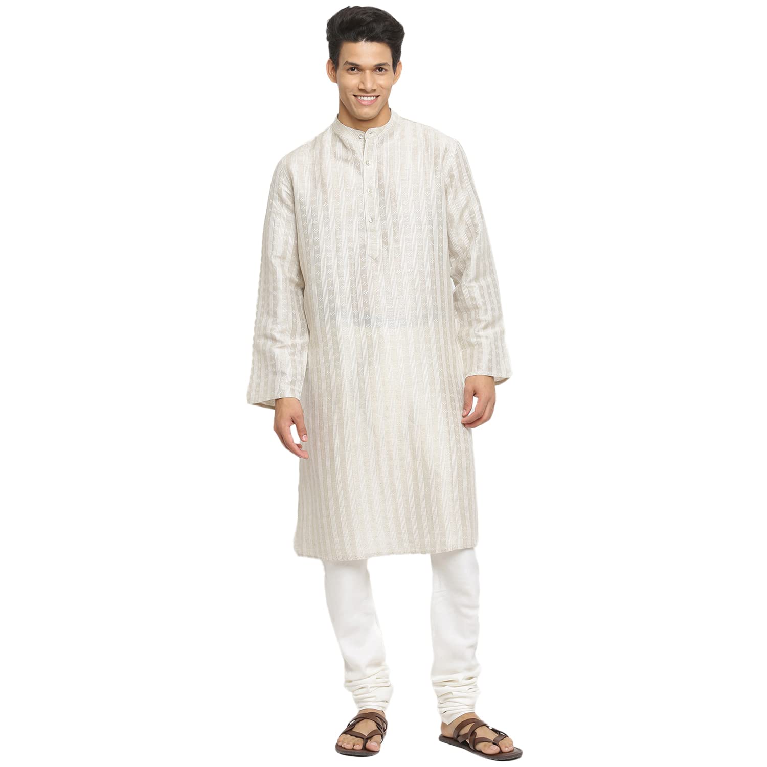 Fabindia Men Collar Linen Blend Woven Long Kurta Chinese_XS Natural