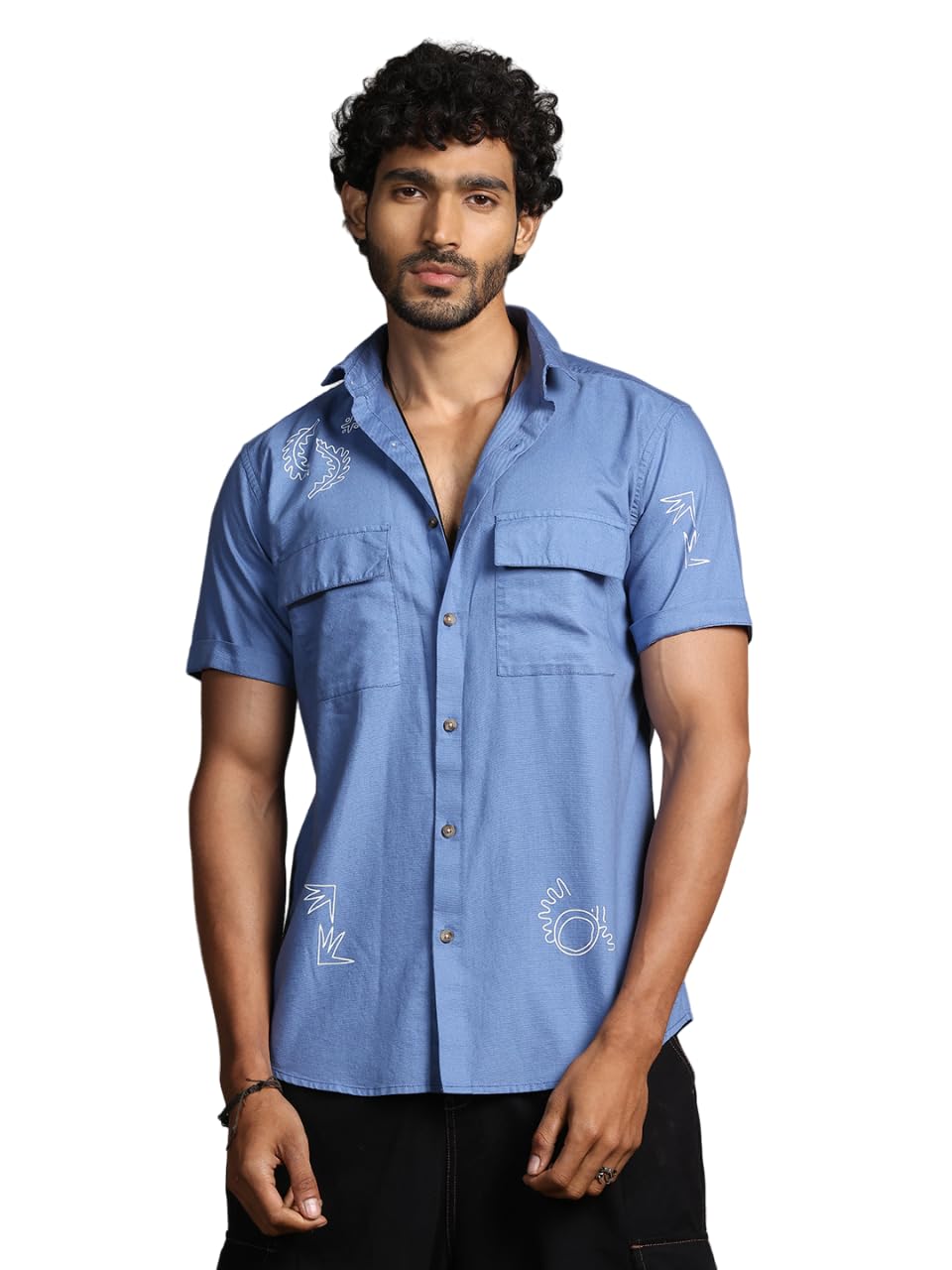 Thomas Scott Short Sleeve Double Pockets Self Printed Casual Shirts for Mens Blue