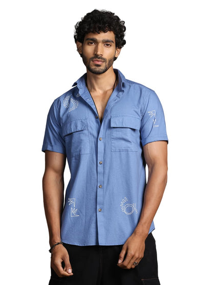 Thomas Scott Short Sleeve Double Pockets Self Printed Casual Shirts for Mens Blue