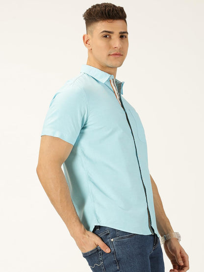 Thomas Scott Spread Collar Slim Fit Solid 100% Cotton Half Sleeve Shirt for Mens Aqua