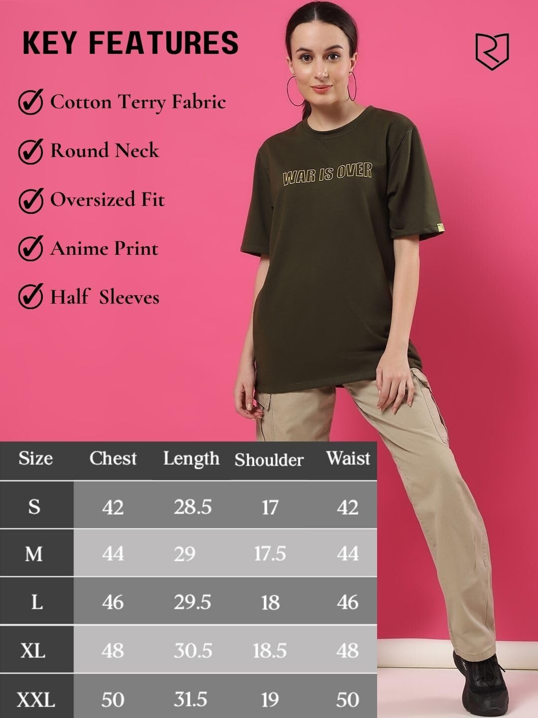 Rigo Terry Printed Oversized T-Shirt for Women | Drop Shoulder, Half Sleeves T-Shirt for Women | Oversized Baggy Fit T-Shirt for