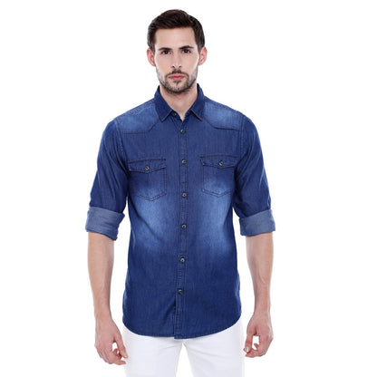 Dennis Lingo MenS Denim Dark Blue Solid Slim Fit Full Sleeves Spread Collar Casual Shirt