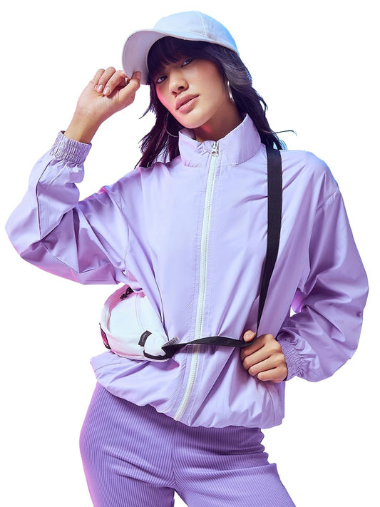 Bewakoof Womens Solid Oversized Fit Full Sleeve Collared Neck Nylon Jacket 611070 Purple S