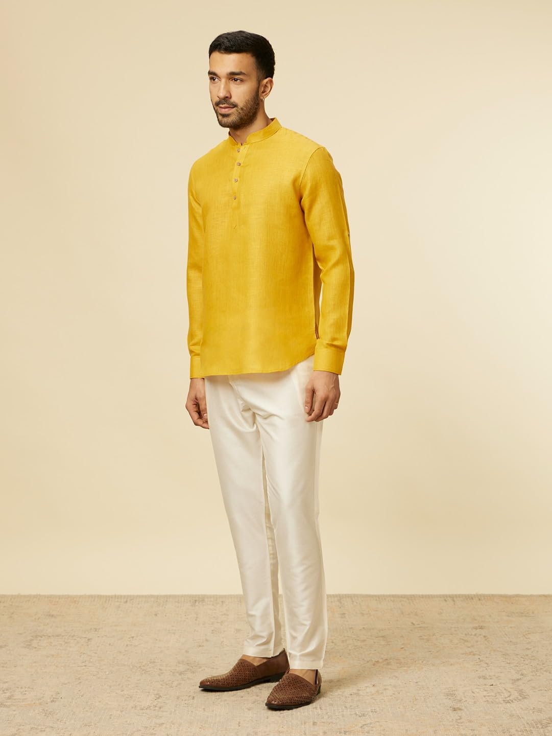 Manyavar Mustard Linen Plain Short Kurta