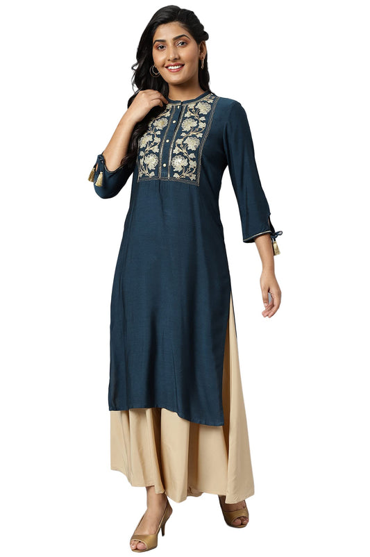 Aurelia Women Rayon Straight Fit Dragon Fly Solid Straight Kurta