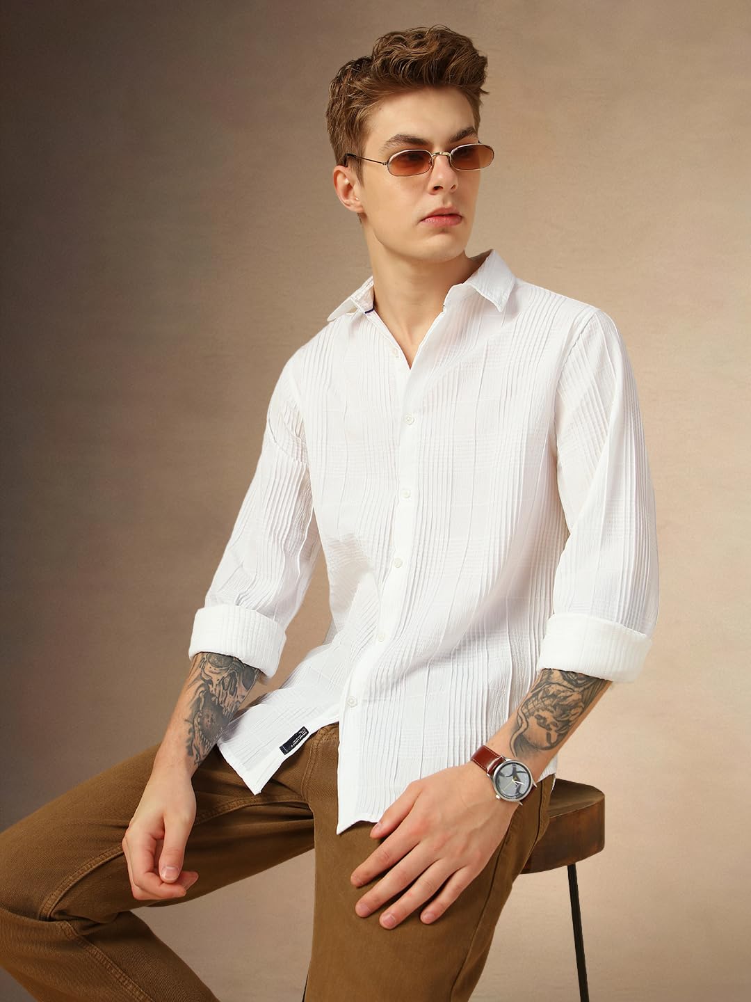 Dennis Lingo Men Relaxed Fit Polyester Full Sleeves Solid Textured Casual Shirts White
