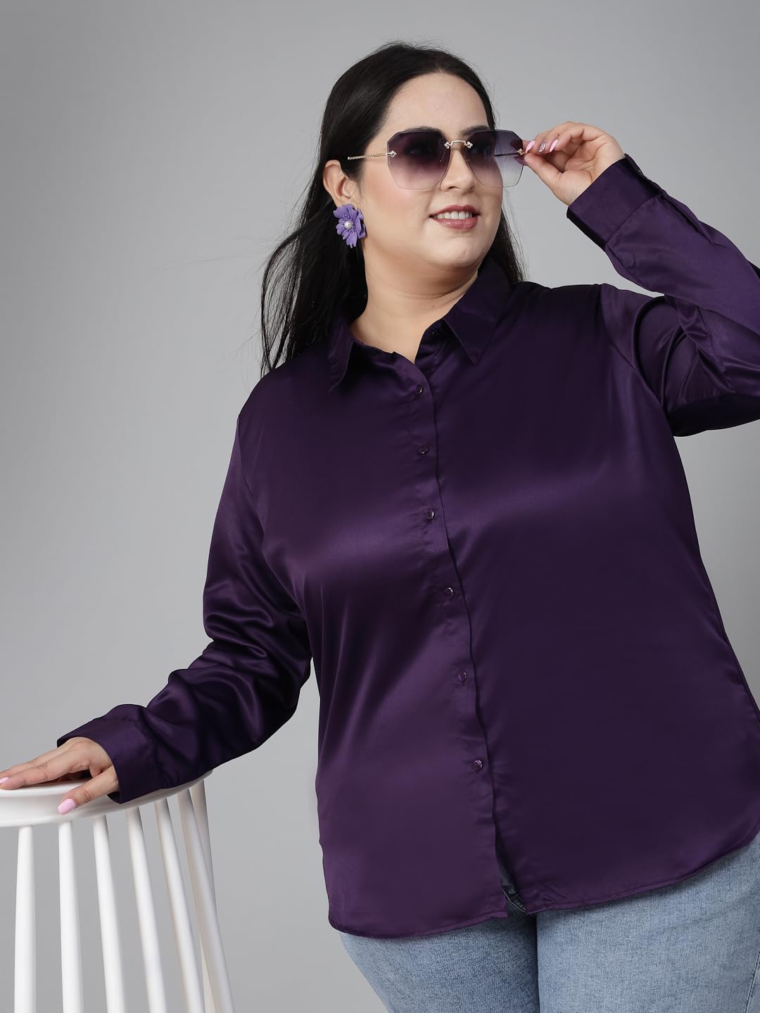 Style Quotient Plus Women Solid Wine Satin Formal Shirt