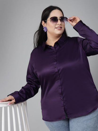 Style Quotient Plus Women Solid Wine Satin Formal Shirt