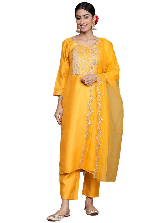 ishin Women's Mustard Floral Zari Work Silk Straight Kurta Suit Set with Trousers & Dupatta
