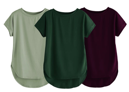 Fabricorn Combo Of Three Plain Bottle Green, Sage Green And Wine Round Neck Up And Down Cotton Tshirt For Women (Bottle Green, S