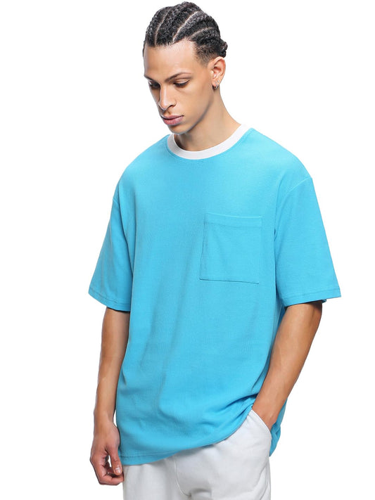 Bewakoof Mens Solid Oversized Fit Half Sleeve Round Neck Waffle-Cotton T-Shirt_514380_Blue_M