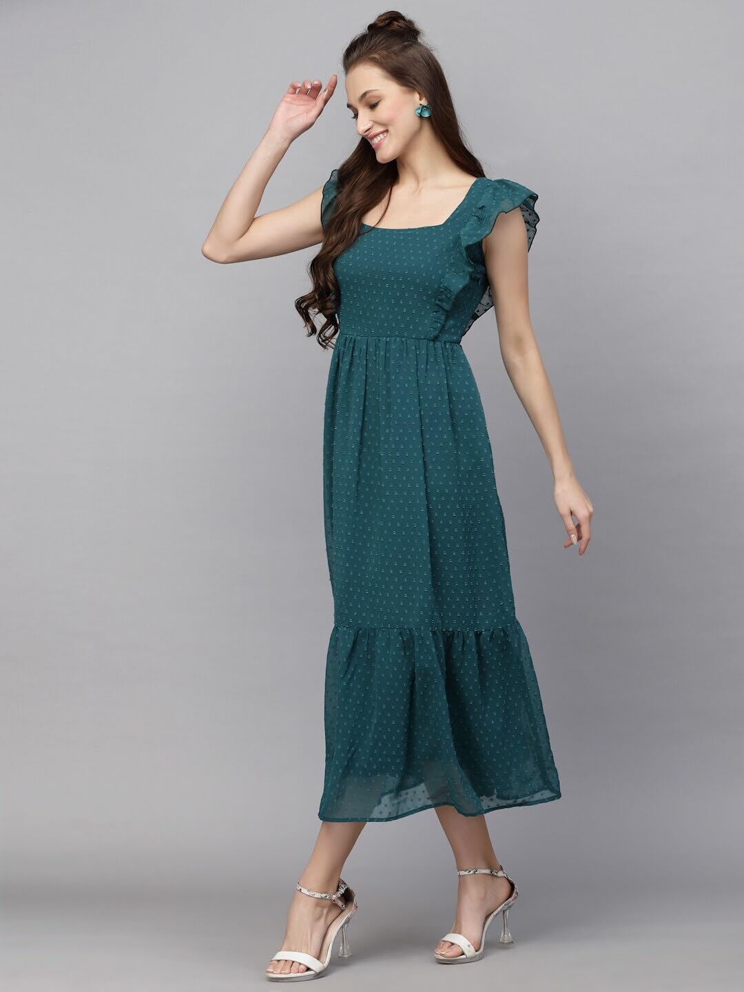 Avanova Georgette Jacquard Butti Rama Green Square Neck Knee Length Western Dresses For Women