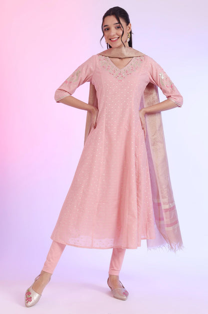 Aurelia Women's Beige Yarn Dyed Flarred Kurta with Leggings & Stole Set