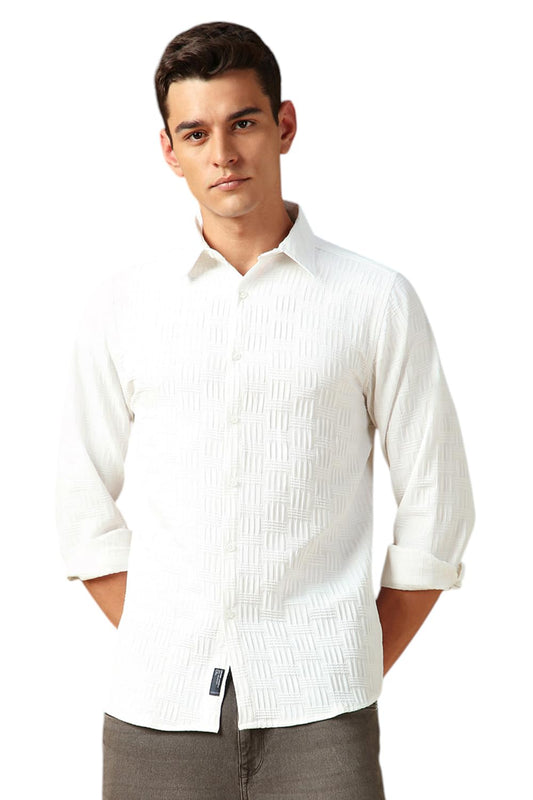 Dennis Lingo Men Textured Cotton Poly Regular Fit Full Sleeves Shirts White