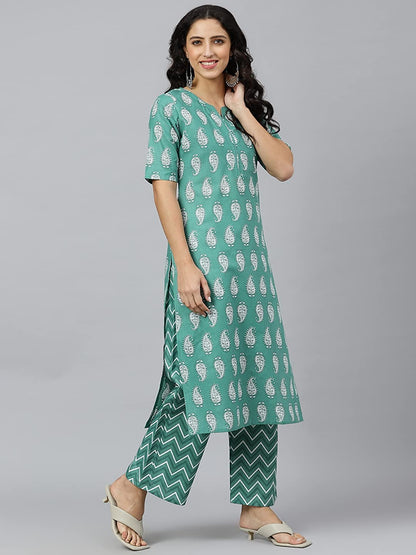 GoSriKi Women's Cotton Blend Printed Straight Kurta, Palazzo & Dupatta (Tinka_New-GO)