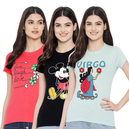 Preneum Womens Cotton Regular Fit Latest Graphic Stylish Printed Short Sleeves Casual T-Shirt || Trendy (Pack 3), Pink & Black