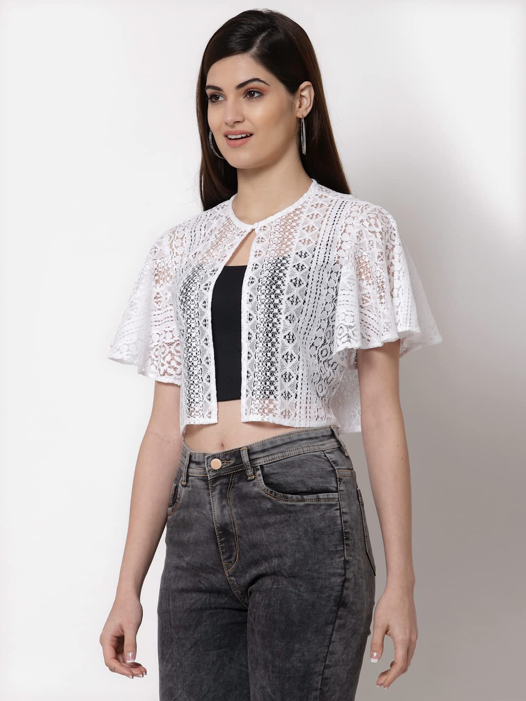 Style Quotient Women Off White Self Design Lace Open Front Smart Casual Shrug