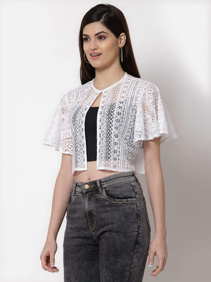 Style Quotient Women Off White Self Design Lace Open Front Smart Casual Shrug