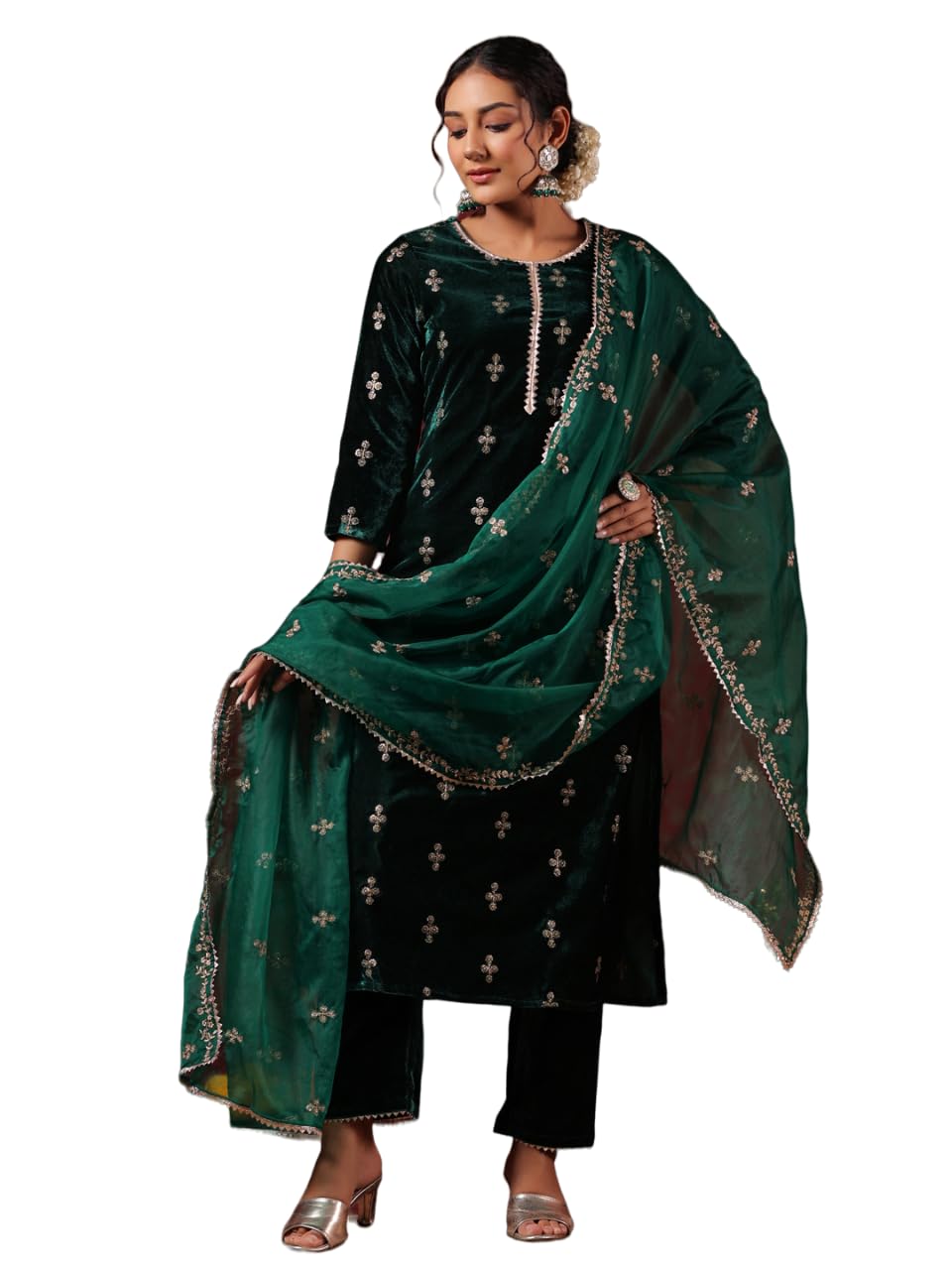 Ishin WomenS Velvet Ethnic Motifs Zari Green Straight Kurta Suit Set With Trousers And Dupatta