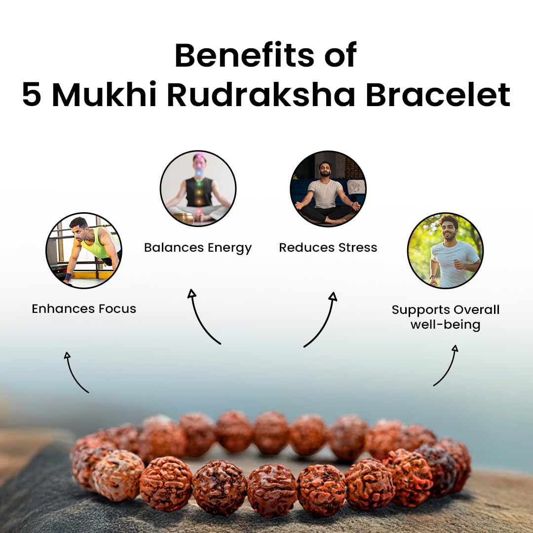 Astrotalk 5 Mukhi Rudraksha Bracelet - Natural Beads for Focus & Growth, Unisex, Brown
