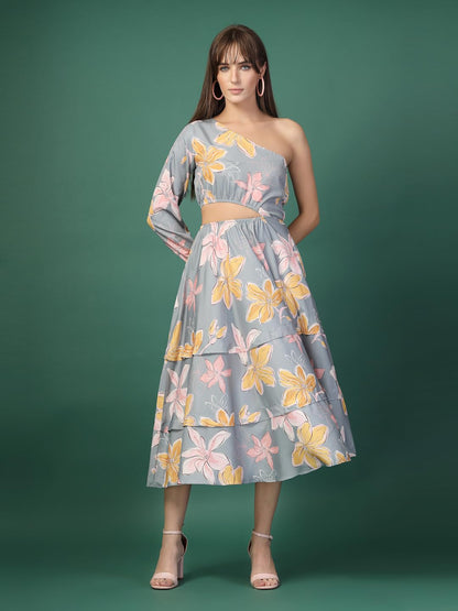 Oomph! WomenS Western & Fusion Wear Printed Crepe Dress For Women, One Shoulder, Grey - Md1082