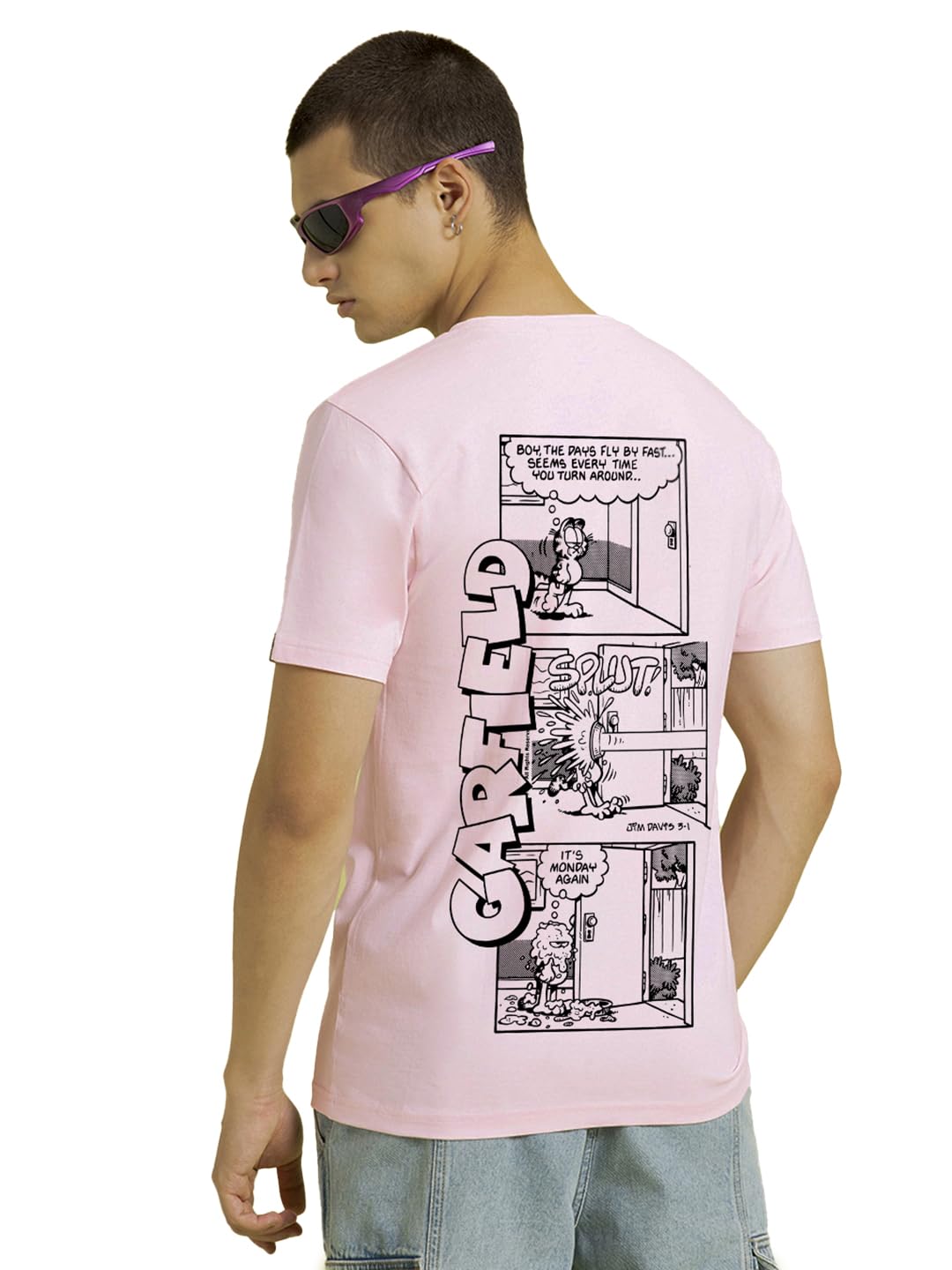 Bewakoof Official Garfield Merchandise MenS Graphic Printed Regular Fit Half Sleeve Round Neck Cotton Jersey T-Shirt_637161_Pink