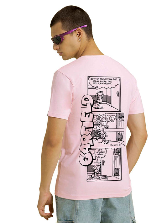 Bewakoof Official Garfield Merchandise MenS Graphic Printed Regular Fit Half Sleeve Round Neck Cotton Jersey T-Shirt_637161_Pink