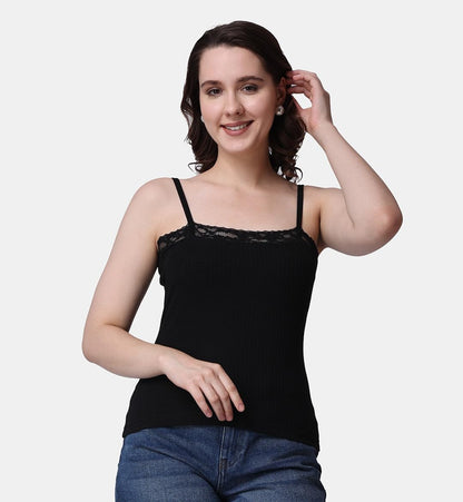 POPWINGS Women Casual Black Rib Solid Sleeve Self Design Noodle Strap Top