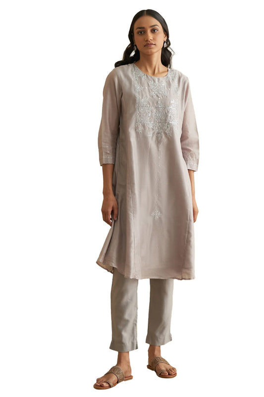W for Woman Light Grey Embroidered Cotton Silk Kurta