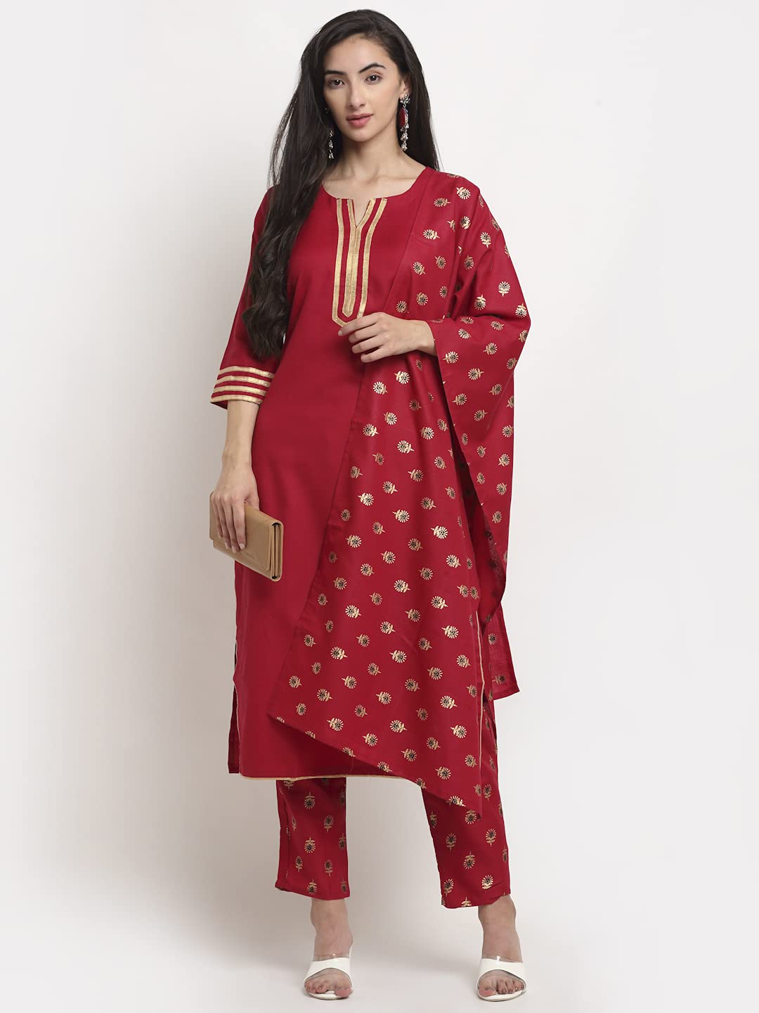ANNI DESIGNER Women's Cotton Straight Kurta with Pant & Dupatta (GOURI RED)
