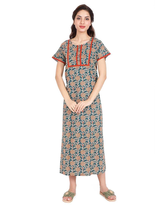 Evolove WomenS Cotton Long Maxi Night Gown Nighty Dress With Pocket & Stylish Button, Super Soft Comfortable (Bottle Green, Lng