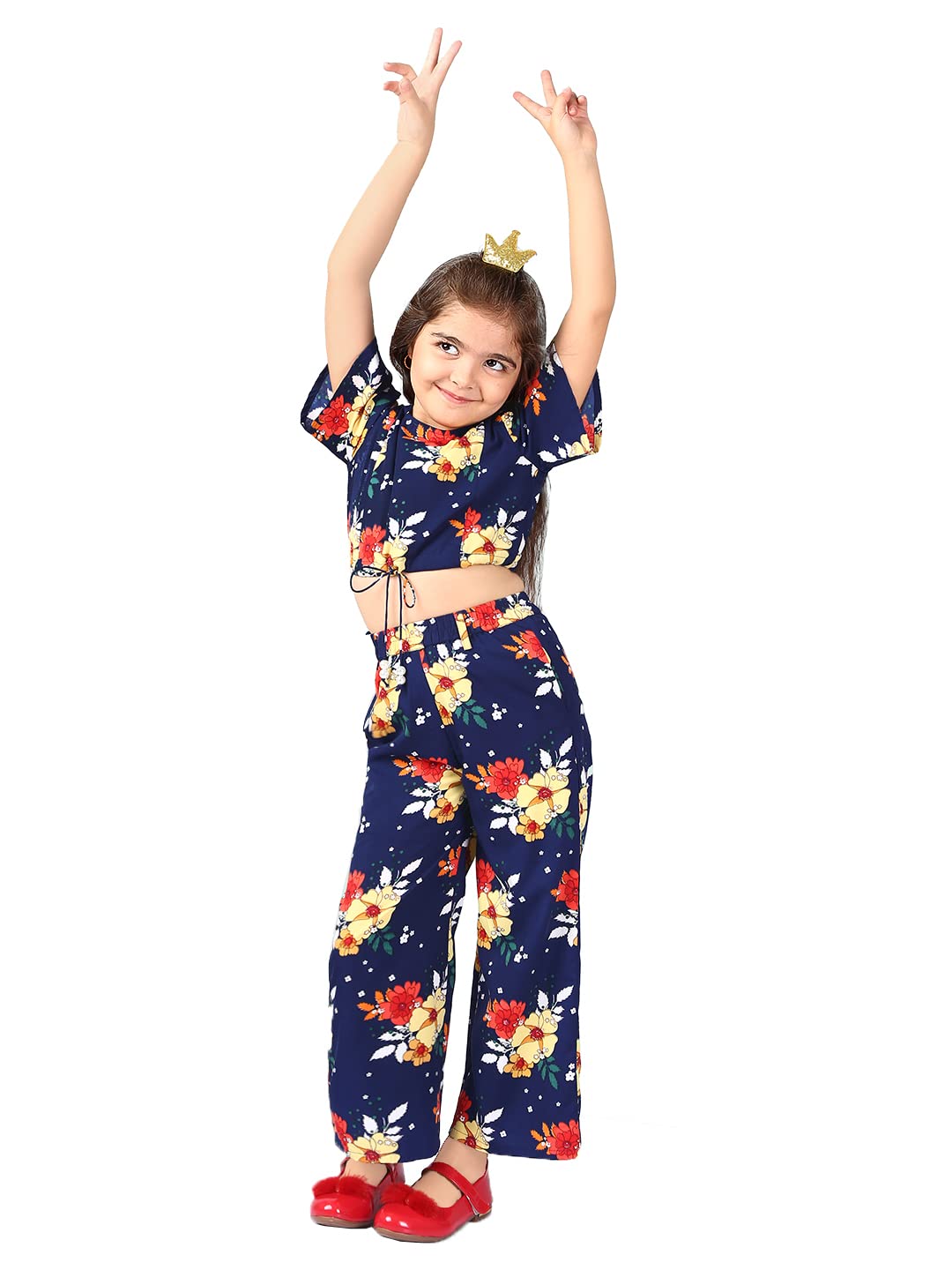 Naughty Ninos Girls Navy Floral Printed Polyester Top With Palazzos(Nn00886Drs)